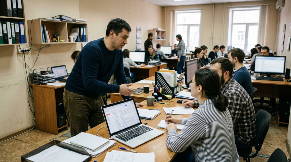 Собственник обсуждает рабочие вопросы с сотрудниками в небольшом офисе, на экране ноутбука открыта почта