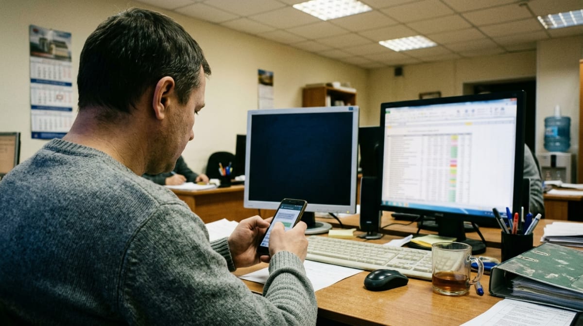 Сотрудник пишет сообщение в телефон, пока на втором мониторе открыт длинный нечитаемый документ