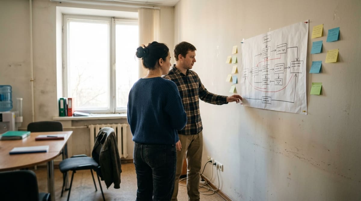 Утренняя сессия разбора процесса продаж: двое сотрудников у листа А3 на стене со схемой из стикеров и стрелок
