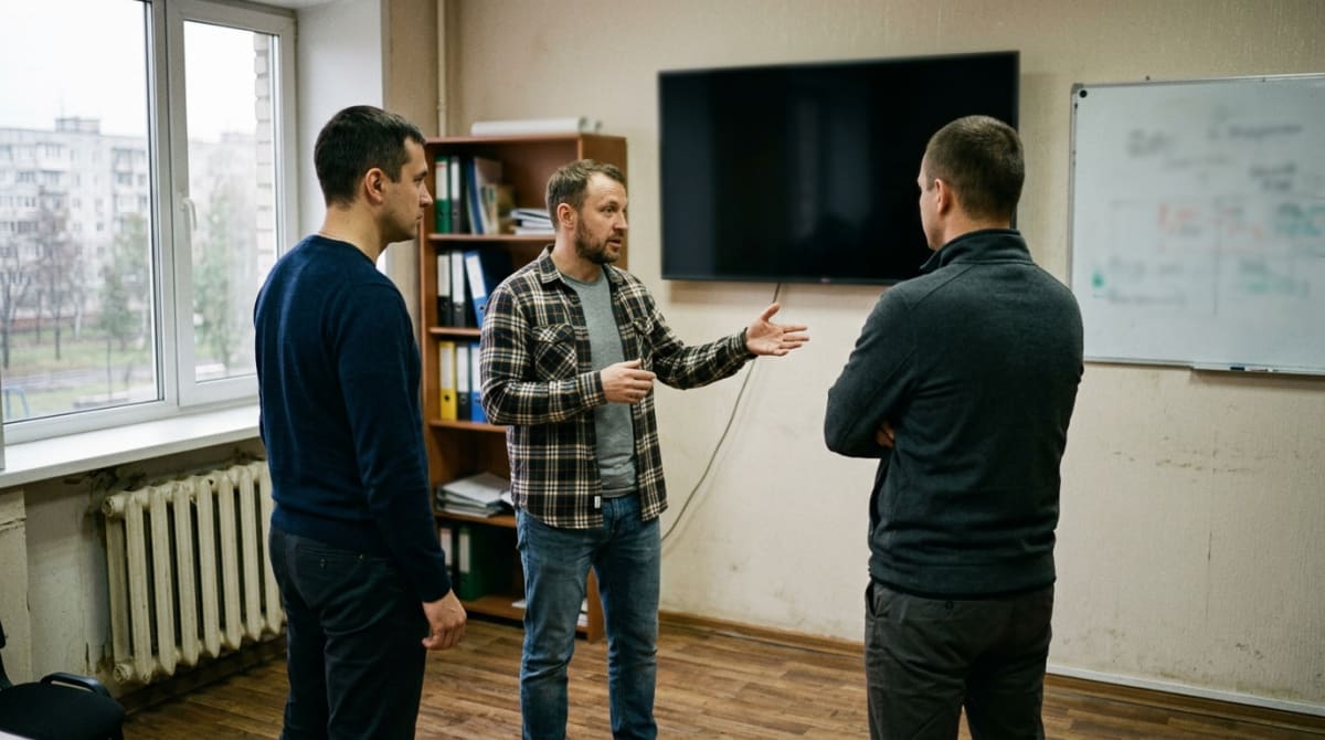 Руководитель и менеджер обсуждают воронку продаж у доски в переговорной