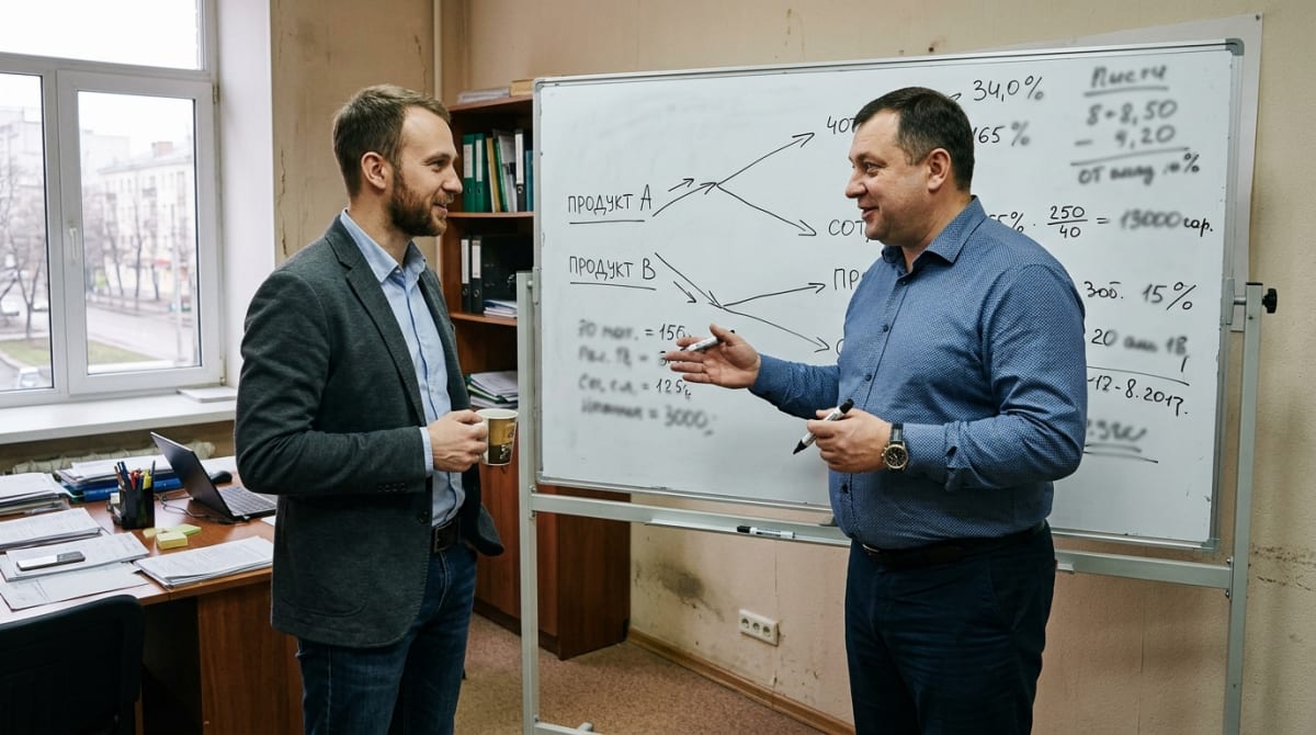 Собственник и руководитель направления обсуждают у доски пороги согласования по суммам