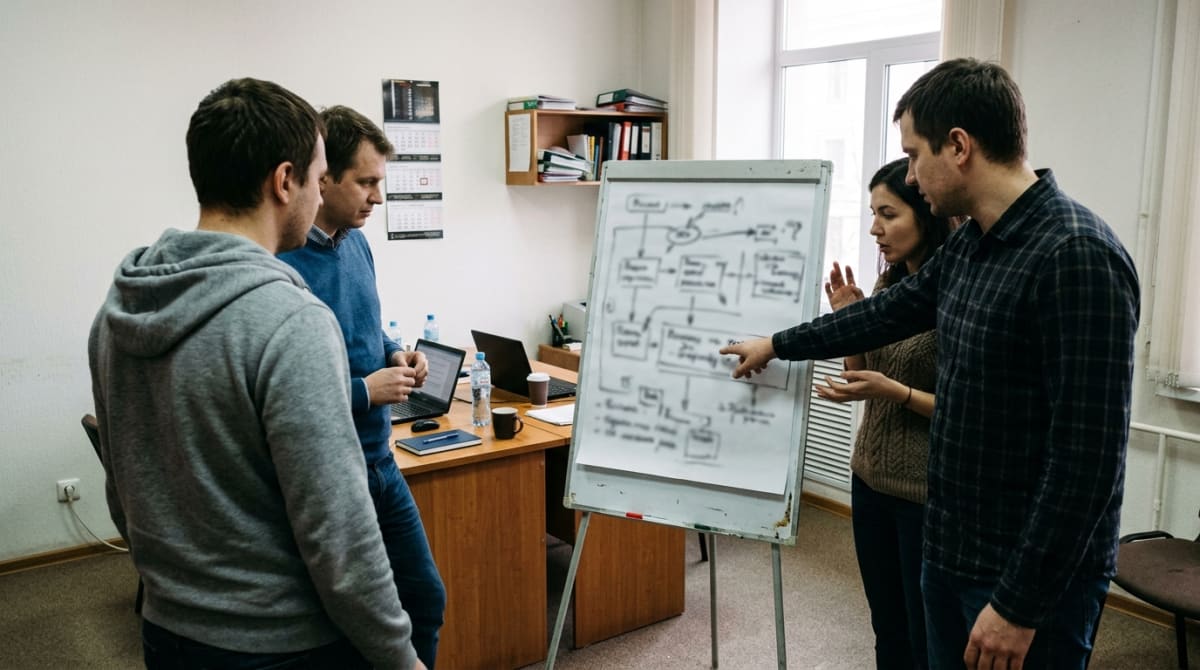 Рабочая сессия у флипчарта с листом А3, где от руки набросан процесс продаж