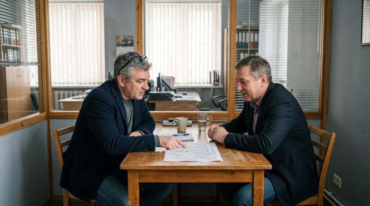 Собственник и руководитель направления обсуждают распечатанный список регламентов в переговорной